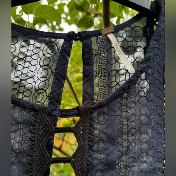 FREE PEOPLE Wherever You Go Black Navy Crochet & Lace Mini Tunic Dress, Sz 12 - Picture 11 of 16